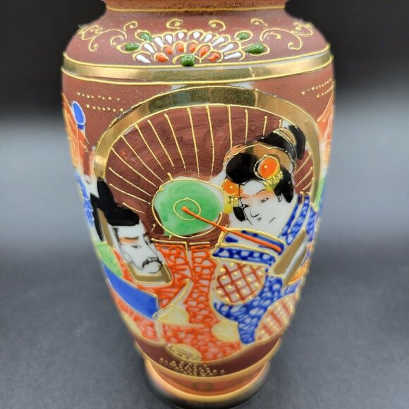 Japanese Hand Painted Satsuma Style Vases Dragon Floral Moriage Gilt Set of Two - Picture 5 of 8